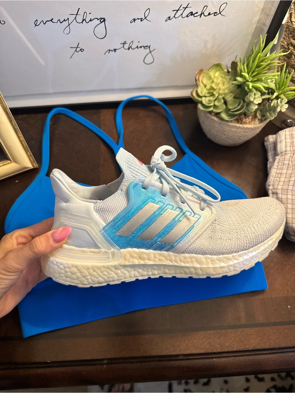 adidas Women’s Light Gray Knit Running Shoes with Blue Accent